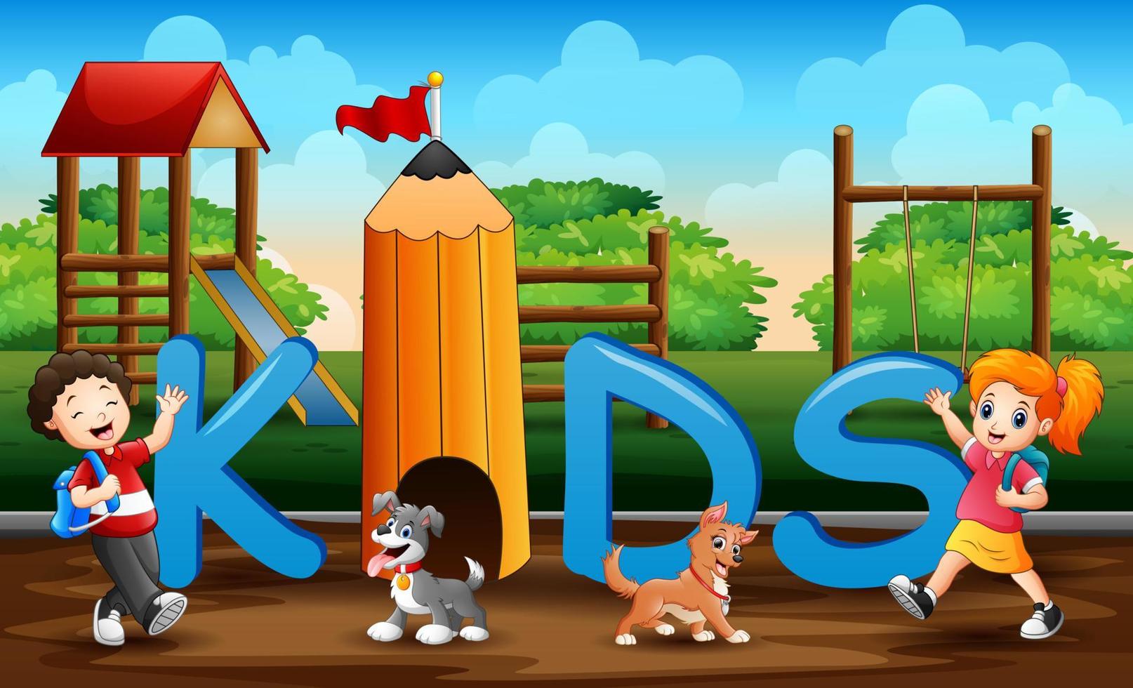 cartone animato i bambini che si divertono con i loro animali domestici vettore