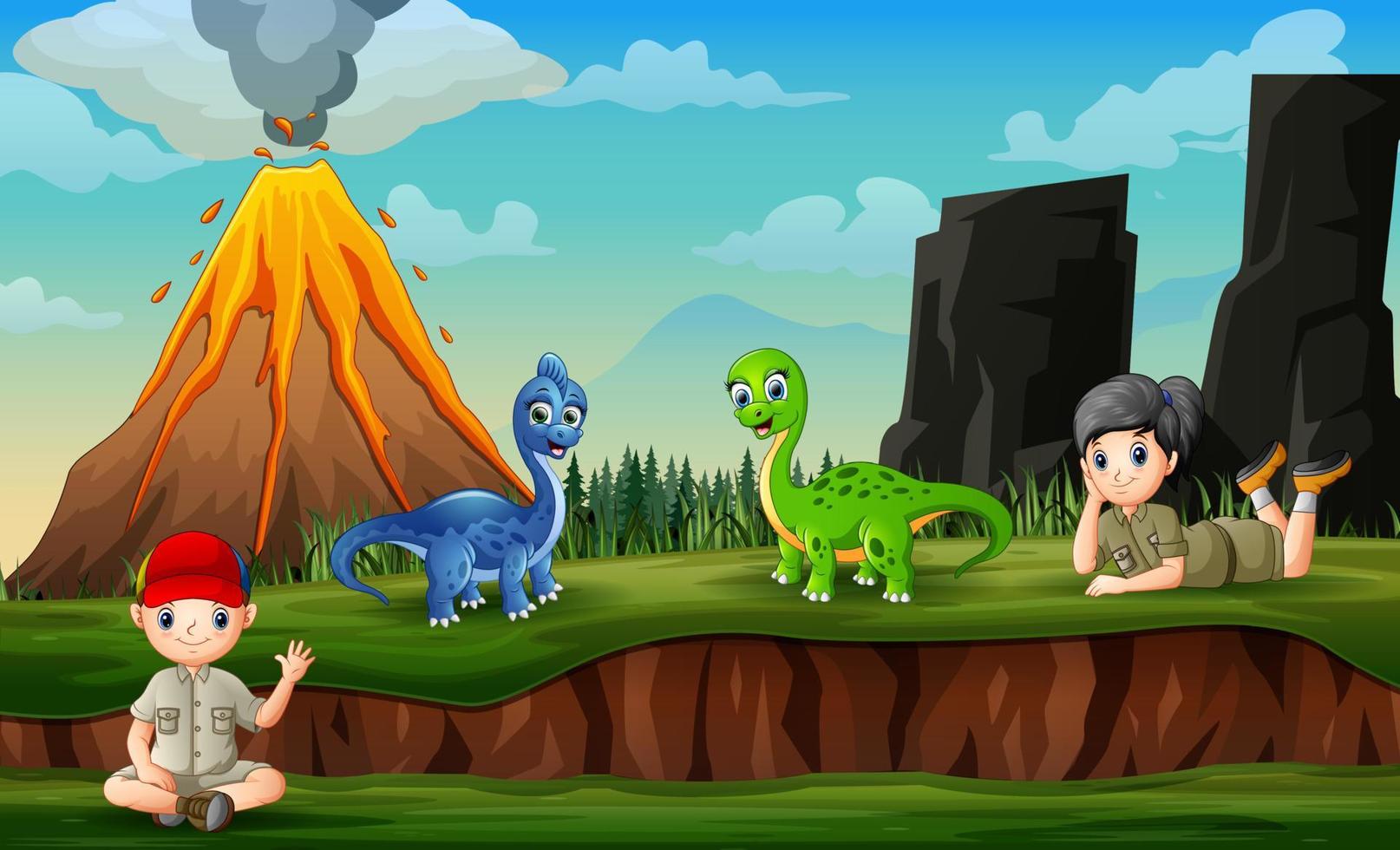 divertenti dinosauri e guardiani dello zoo sulla collina verde vettore