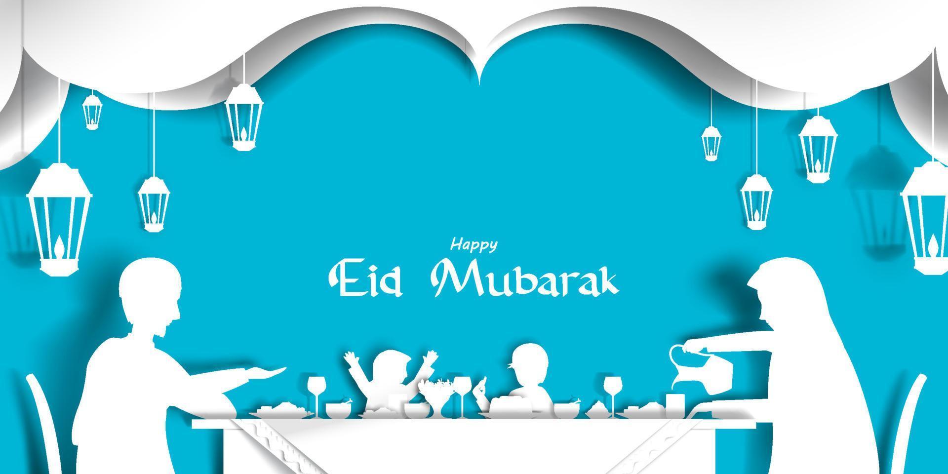 illustrazione del taglio della carta della famiglia felice che mangia nella celebrazione del tavolo da pranzo eid festival. poster o banner design. vettore