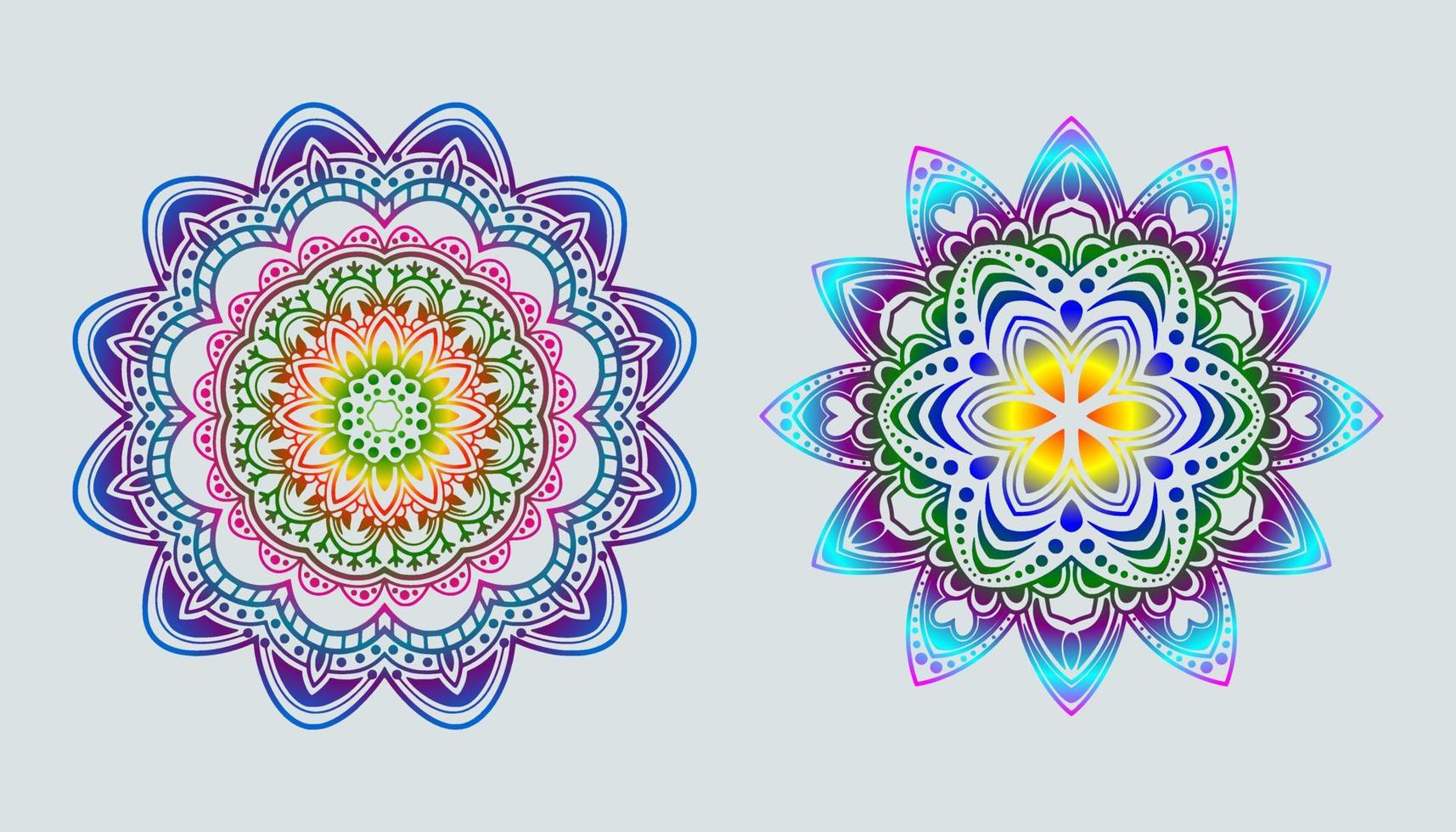 mandala. elemento decorativo d'epoca. mandala nei colori dell'arcobaleno. mandala con motivo floreale. modelli di yoga vettore