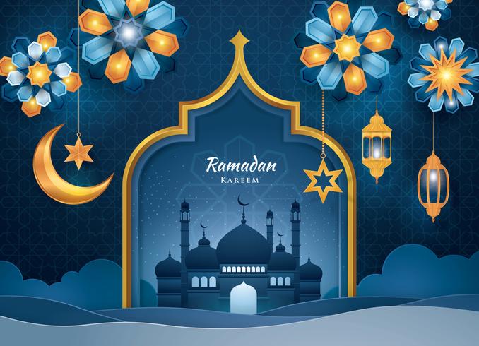 Cartolina d&#39;auguri di Ramadan Kareem arancione e blu vettore