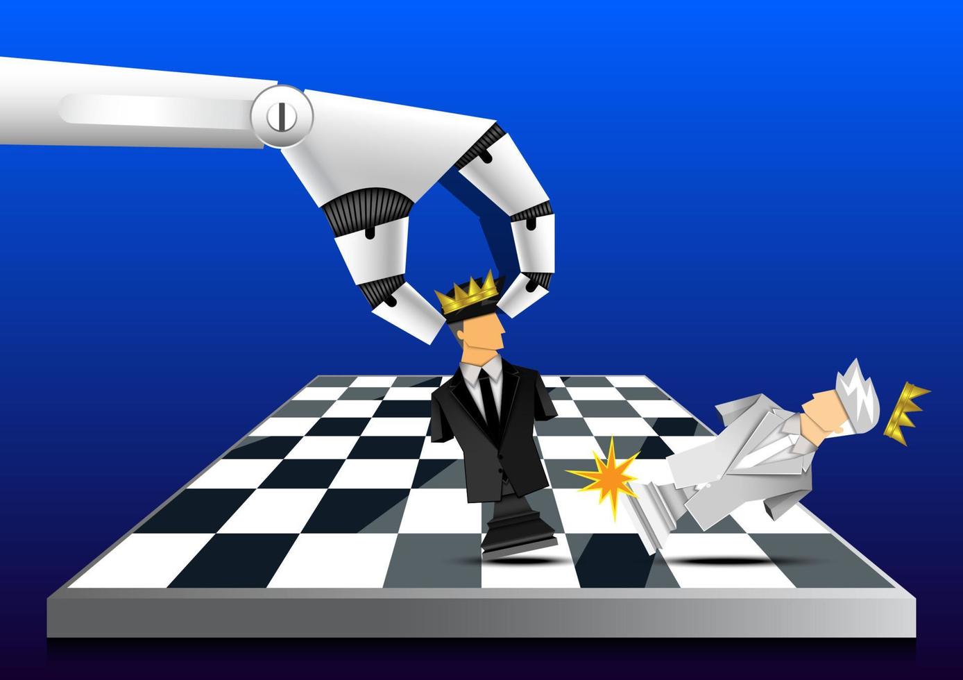 ai robot che controlla a mano il re degli scacchi, l'uomo d'affari, la leadership, la concorrenza, il vincitore, lo stile dell'illustratore vettoriale papercut