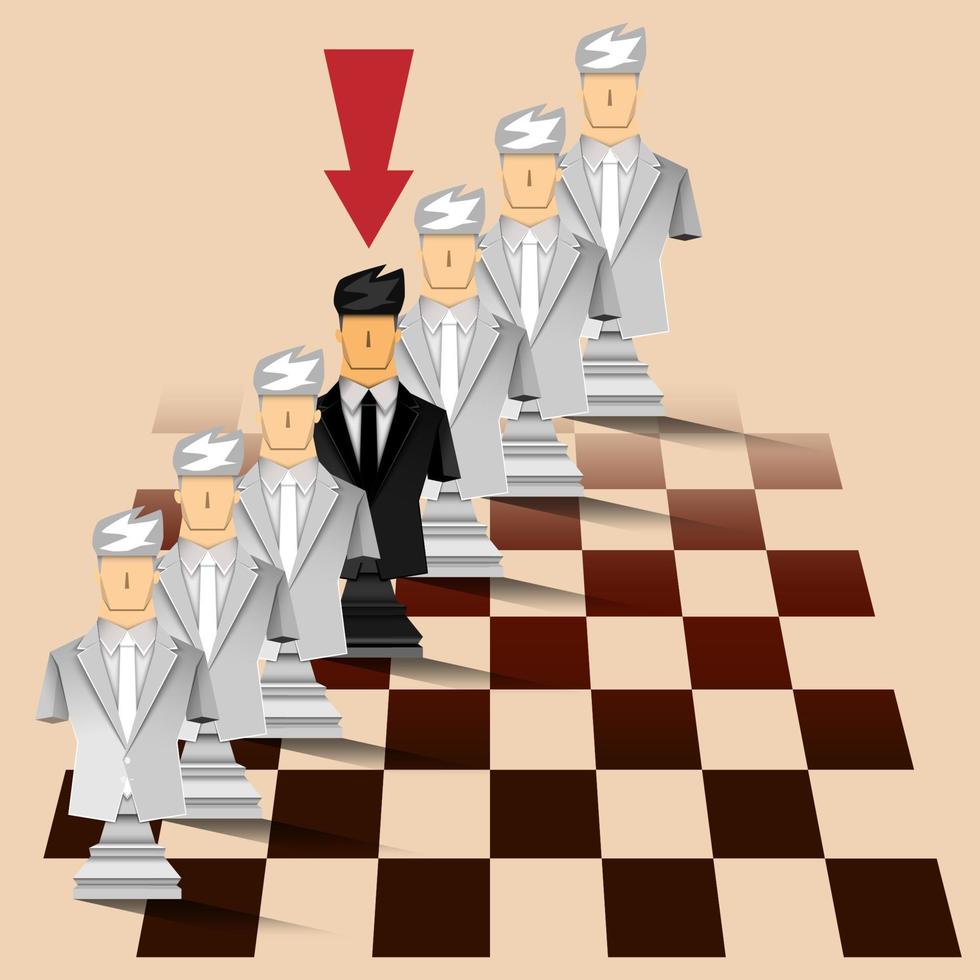 concetto di leadership, uomini d'affari di scacchi bianchi e neri, la stella del gruppo, disegno di illustratore vettoriale