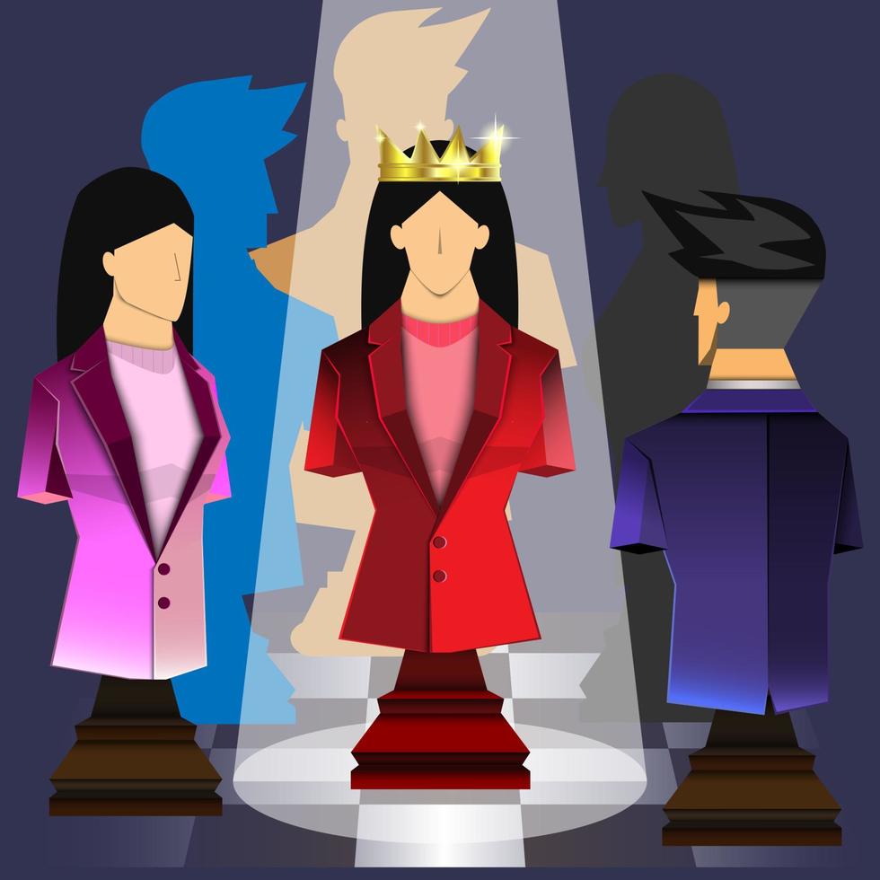 concetto di leadership, la luce splende su una donna d'affari di scacchi, la stella del gruppo, il design di illustratore vettoriale