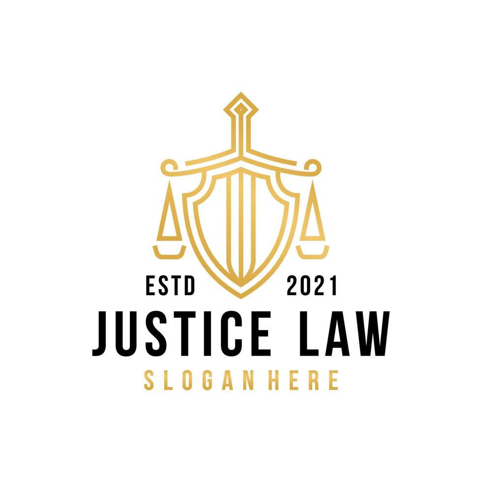 avvocato avvocato avvocato logo design modello vettoriale stile lineare. scudo spada legge legale società di sicurezza logotipo. proteggere l'icona del concetto di difesa.