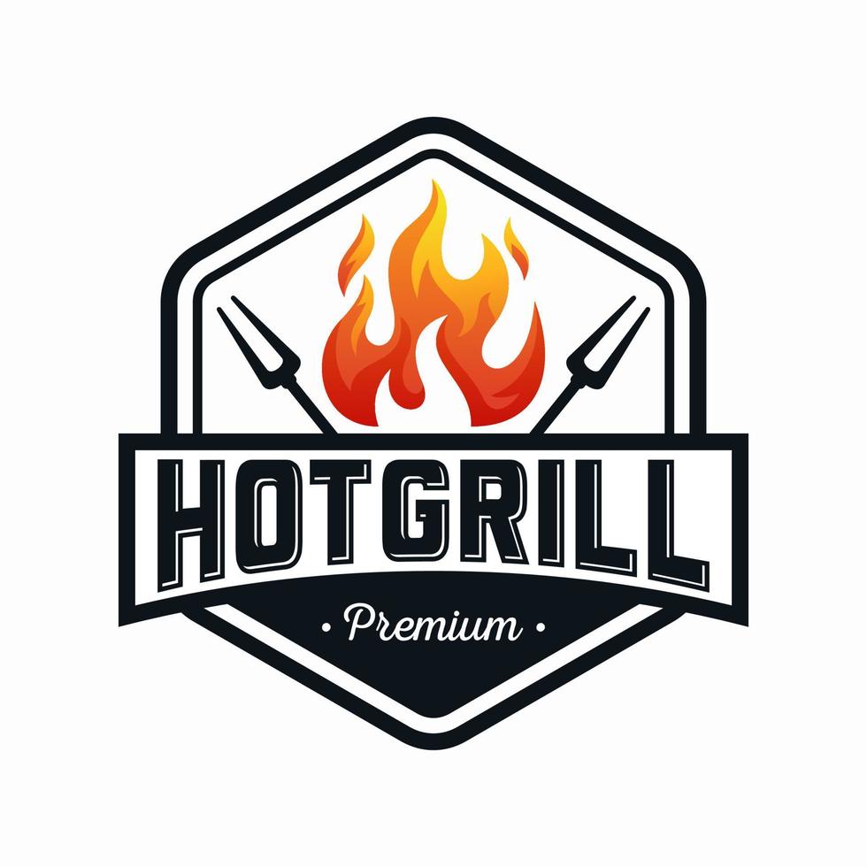 logo barbecue vintage alla griglia, vettore barbecue retrò, cibo grill antincendio e icona ristorante, icona rossa del fuoco