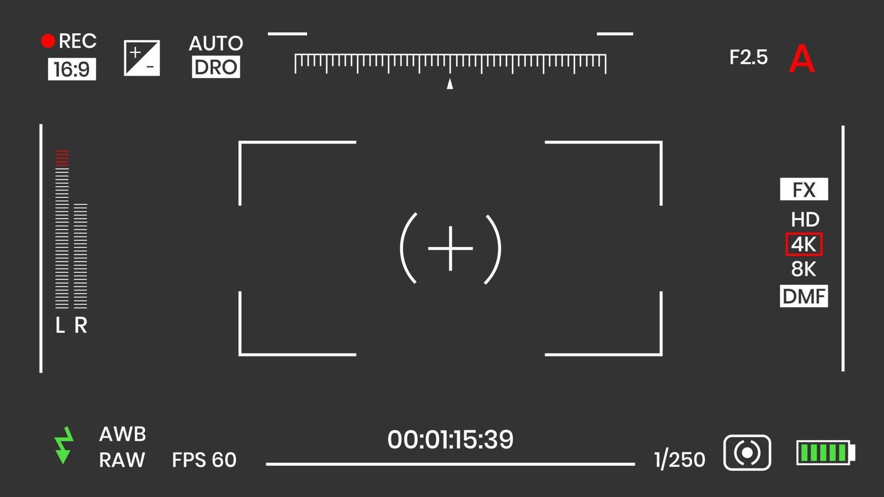 mirino della fotocamera video o registratore cornice per foto in stile piatto illustrazione vettoriale. mirino della fotocamera digitale con impostazioni di esposizione e modello di griglia di messa a fuoco. vettore