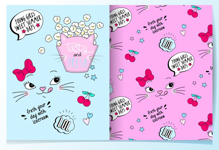 Popcorn simpatico gatto disegnato a mano con set di pattern vettore