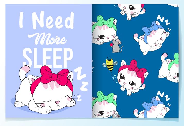 Gatto di sonno sveglio disegnato a mano con set di pattern vettore