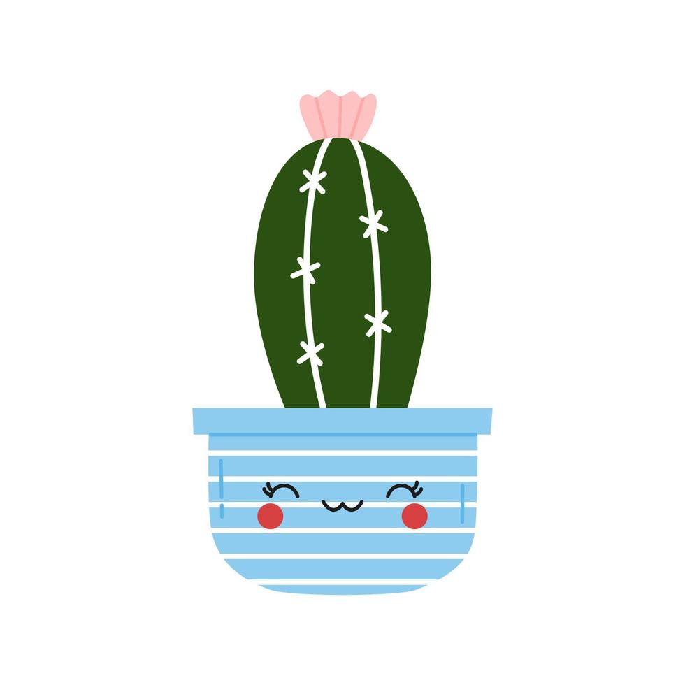 bel fiore di cactus in vaso di fiori sorridente. illustrazione vettoriale disegnata a mano carina di pianta d'appartamento in stile cartone animato isolato su priorità bassa bianca