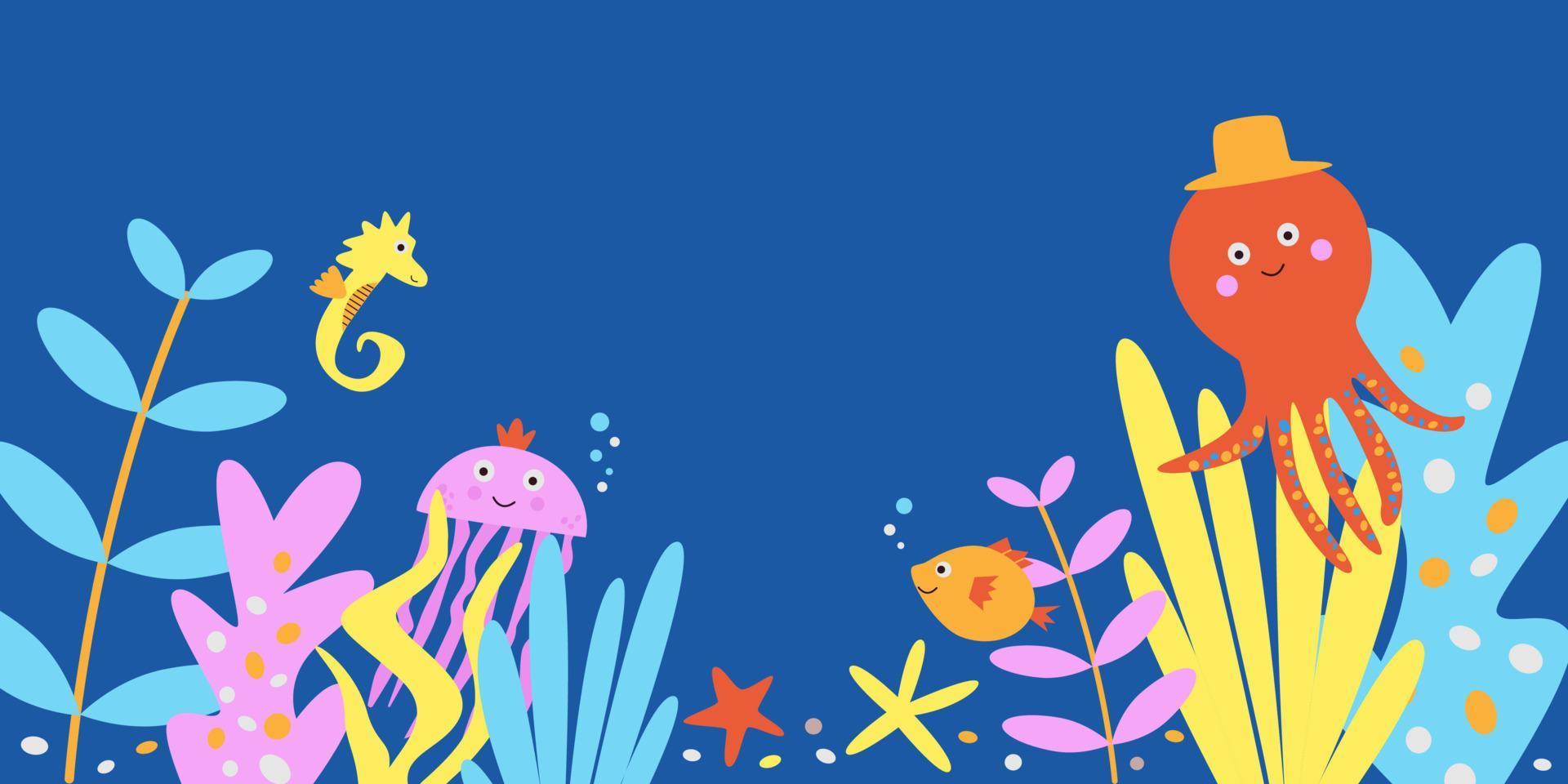illustrazione di simpatici animali marini - polpo, meduse, cavalluccio marino che nuota sott'acqua. banner divertente per inviti per bambini, biglietti di auguri o stampa su qualsiasi superficie vettore