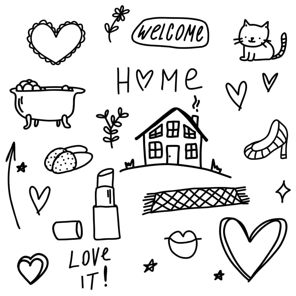 doodle freccia, fiori, stelle, cuori, ramo, gatto, donna, testo di benvenuto a casa. schizzo set carino collezione di linee isolate per la casa. vettore