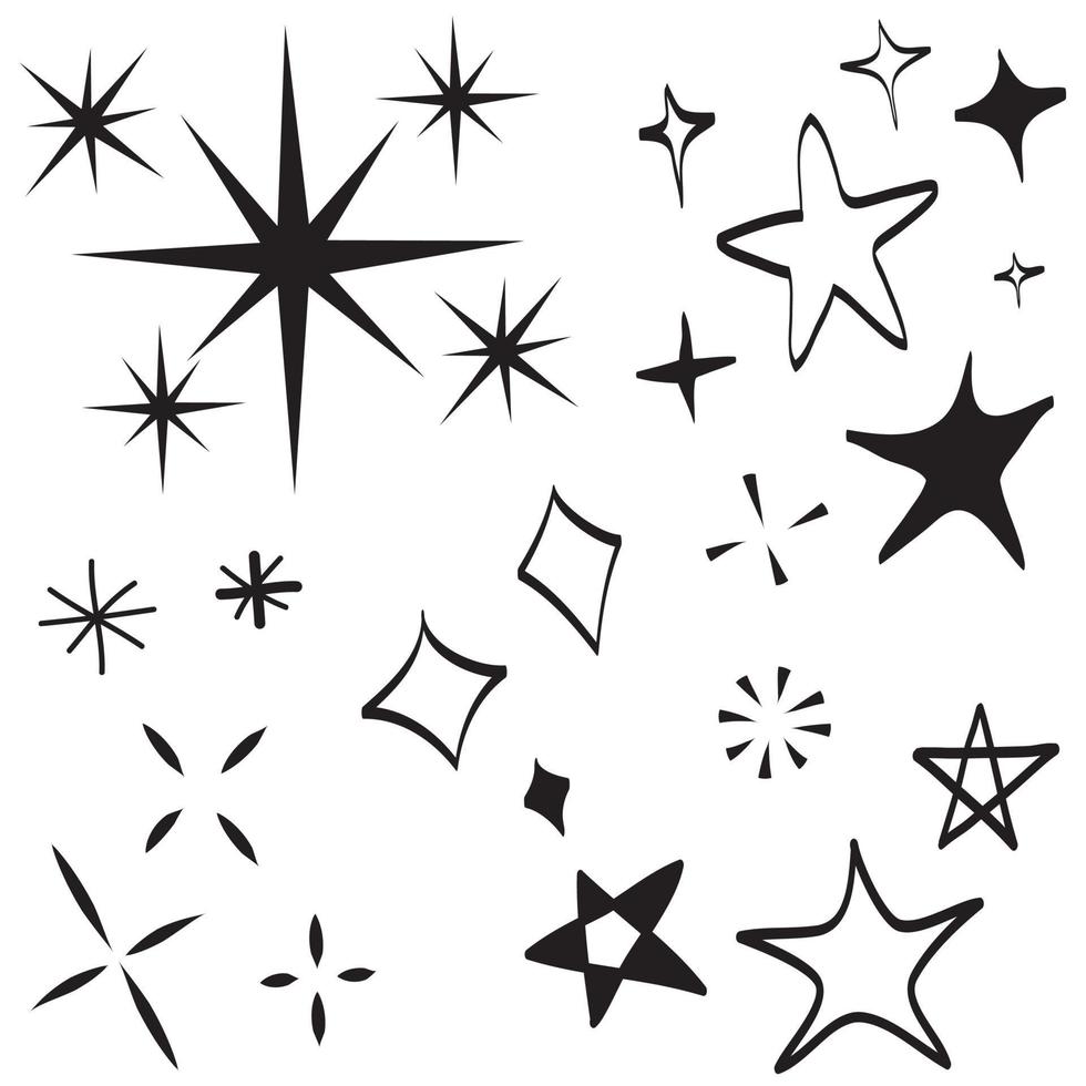 doodle set di stelle vettoriali icona scintilla, icona superficie pulita. stelle con effetto di luce incandescente e scoppio brillante. isolato su sfondo bianco. illustrazione vettoriale