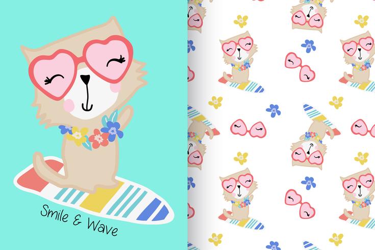 Gatto disegnato a mano di sorriso e onda con set di pattern vettore