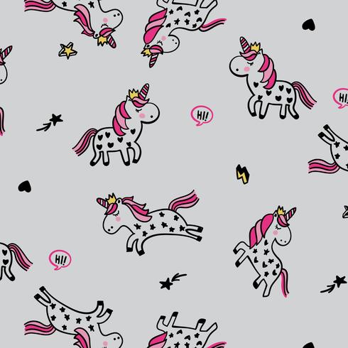 Disegnata a mano unicorno pattern di sfondo con stelle e cuori vettore