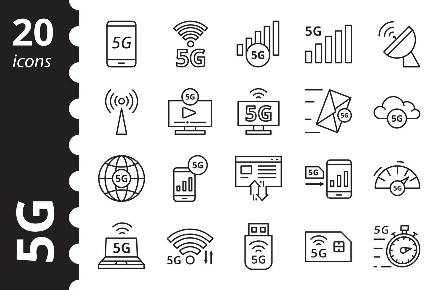 Set di icone linea semplice tecnologia 5g. nuova rete mobile, connessione ad alta velocità. infografica vettoriale minimalista.