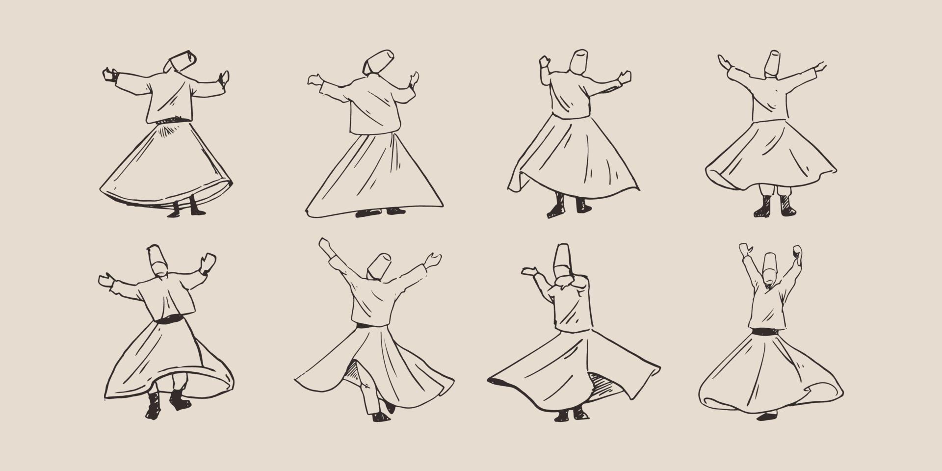 set di otto pose di danza sufi disegnate a mano vettore