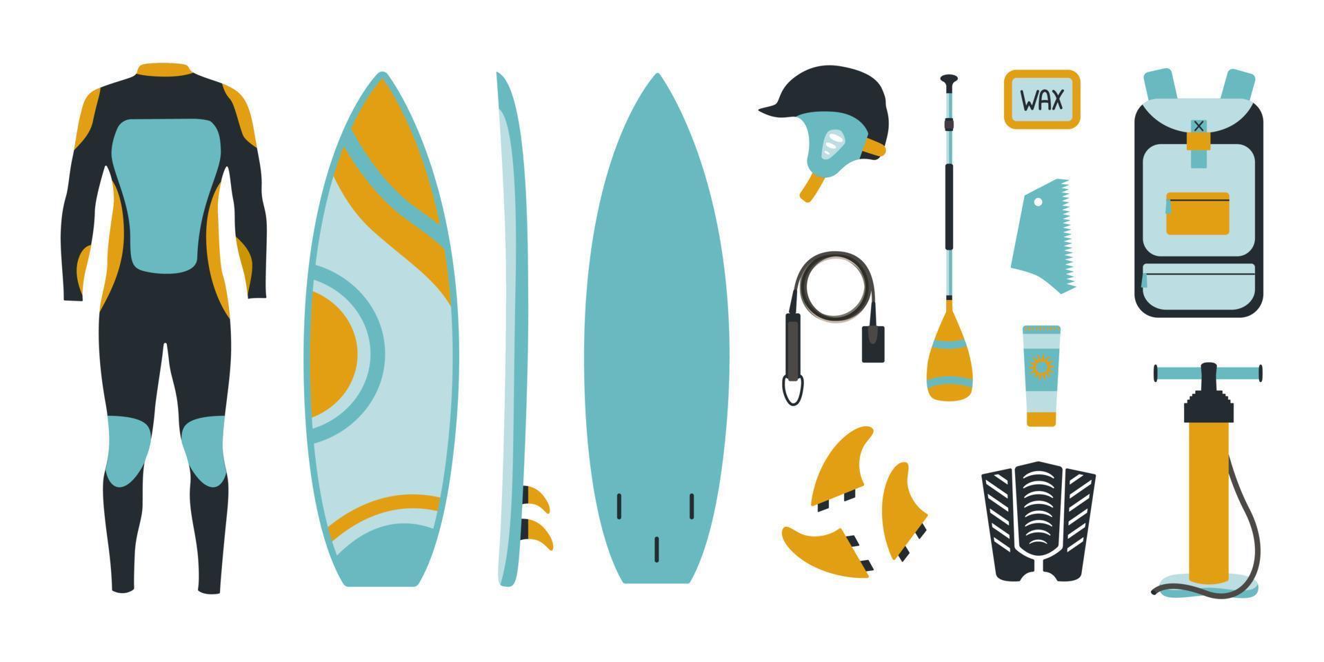 grande set di attrezzature per il surf in stile piatto su sfondo bianco. design vettoriale moderno nei colori giallo e blu