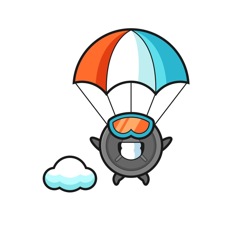 il cartone animato della mascotte del piatto del bilanciere sta facendo paracadutismo con un gesto felice vettore