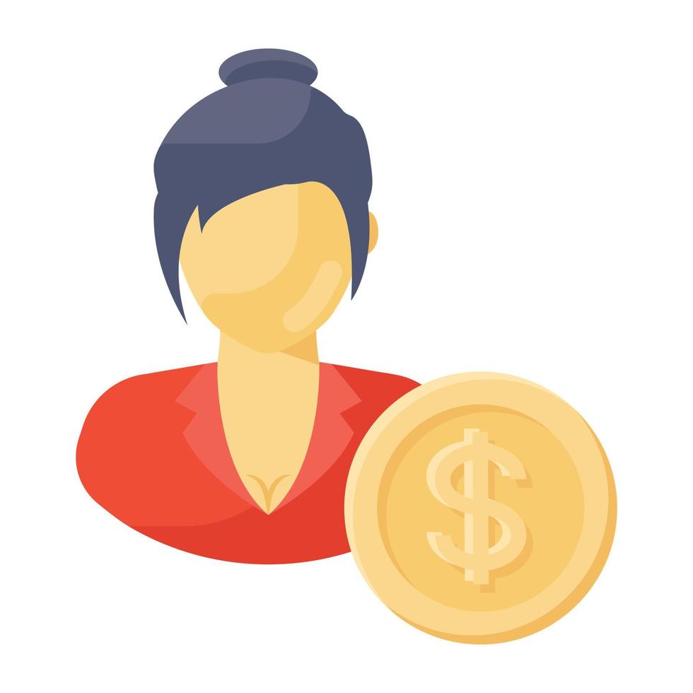 avatar donna con moneta da un dollaro, icona inverter femminile vettore