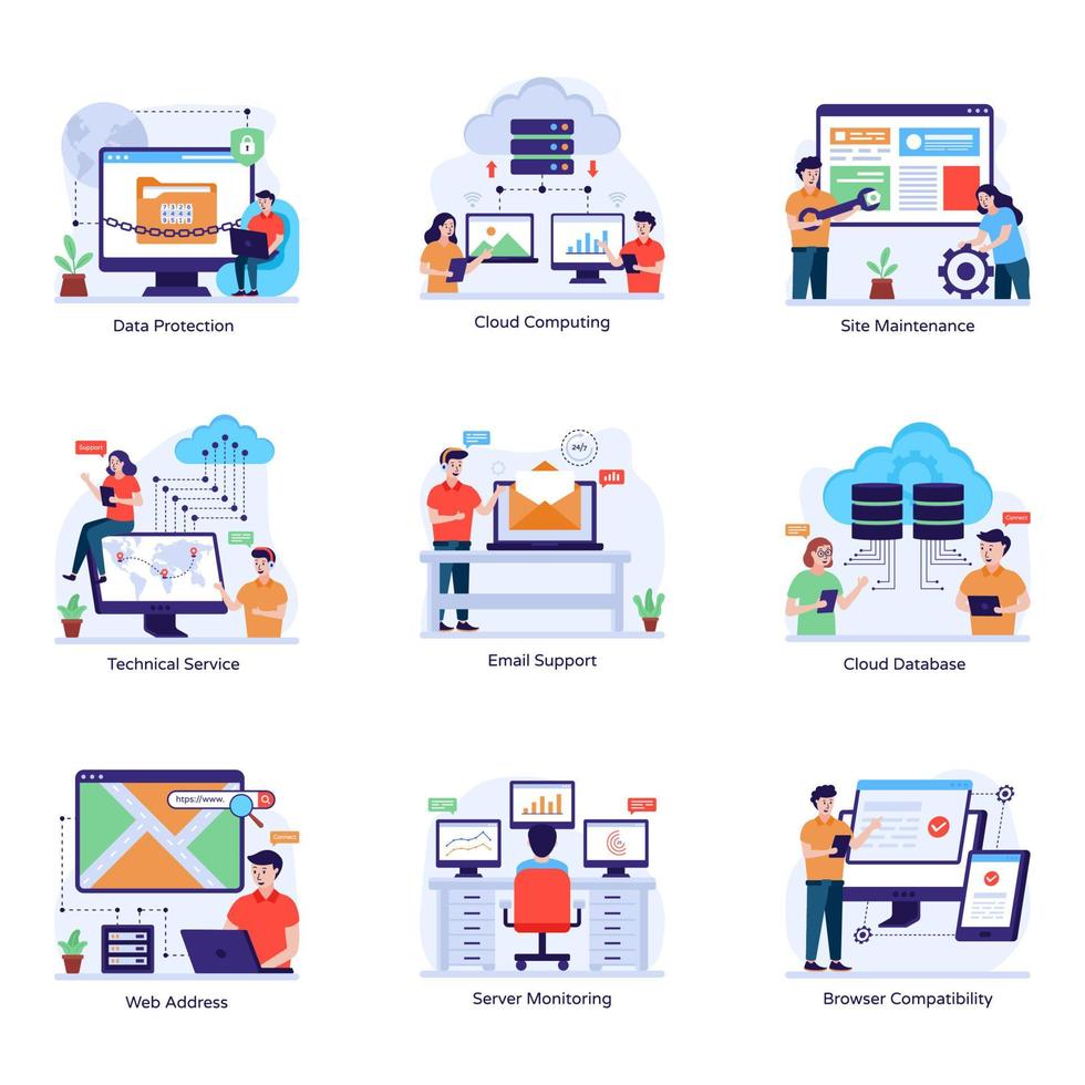 raccolta di illustrazioni piatte di web hosting vettore