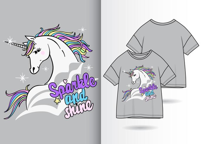 Simpatico design a t-shirt con unicorno magico vettore