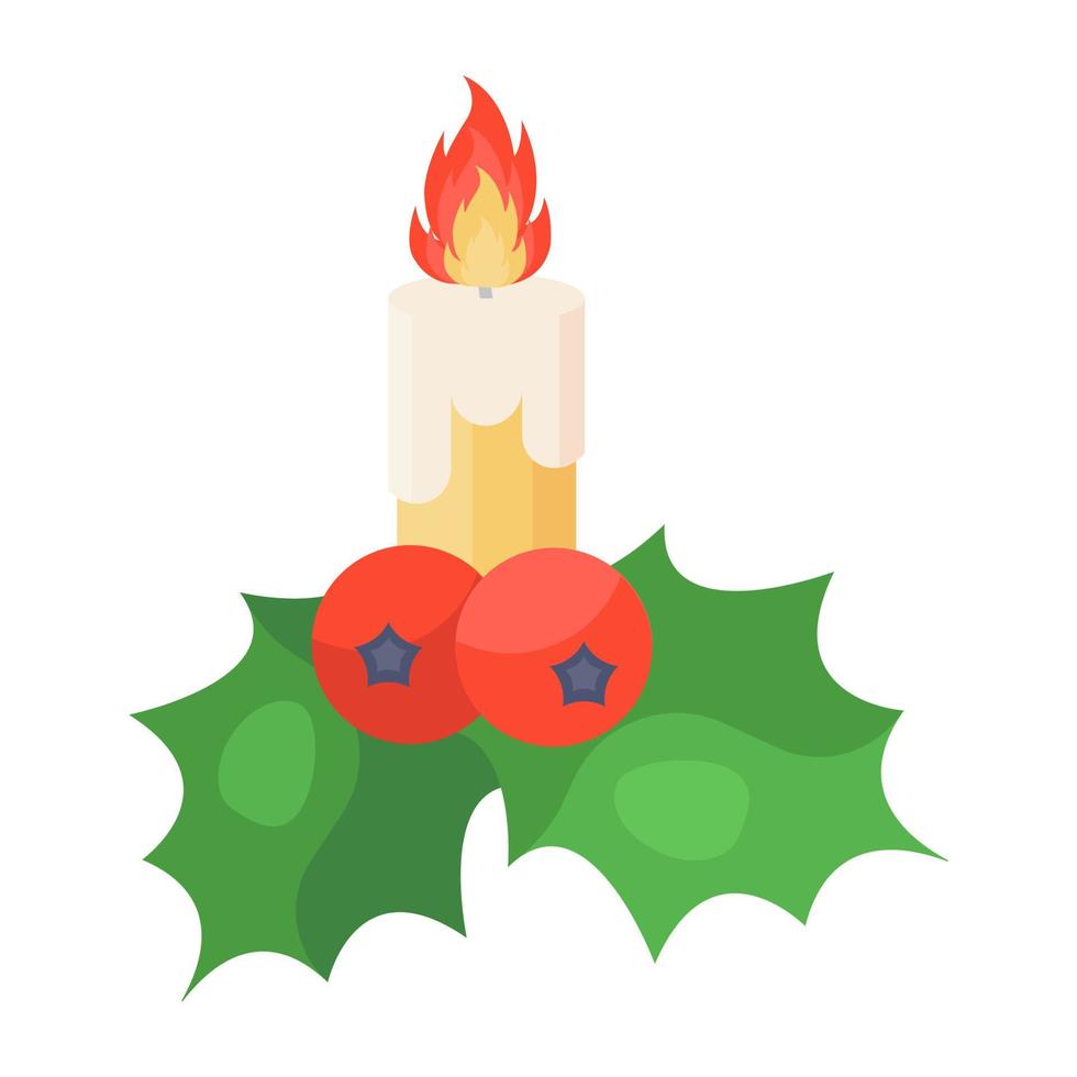 un'icona piatta perfetta per la decorazione della candela di Natale, bacche di agrifoglio con candela accesa vettore