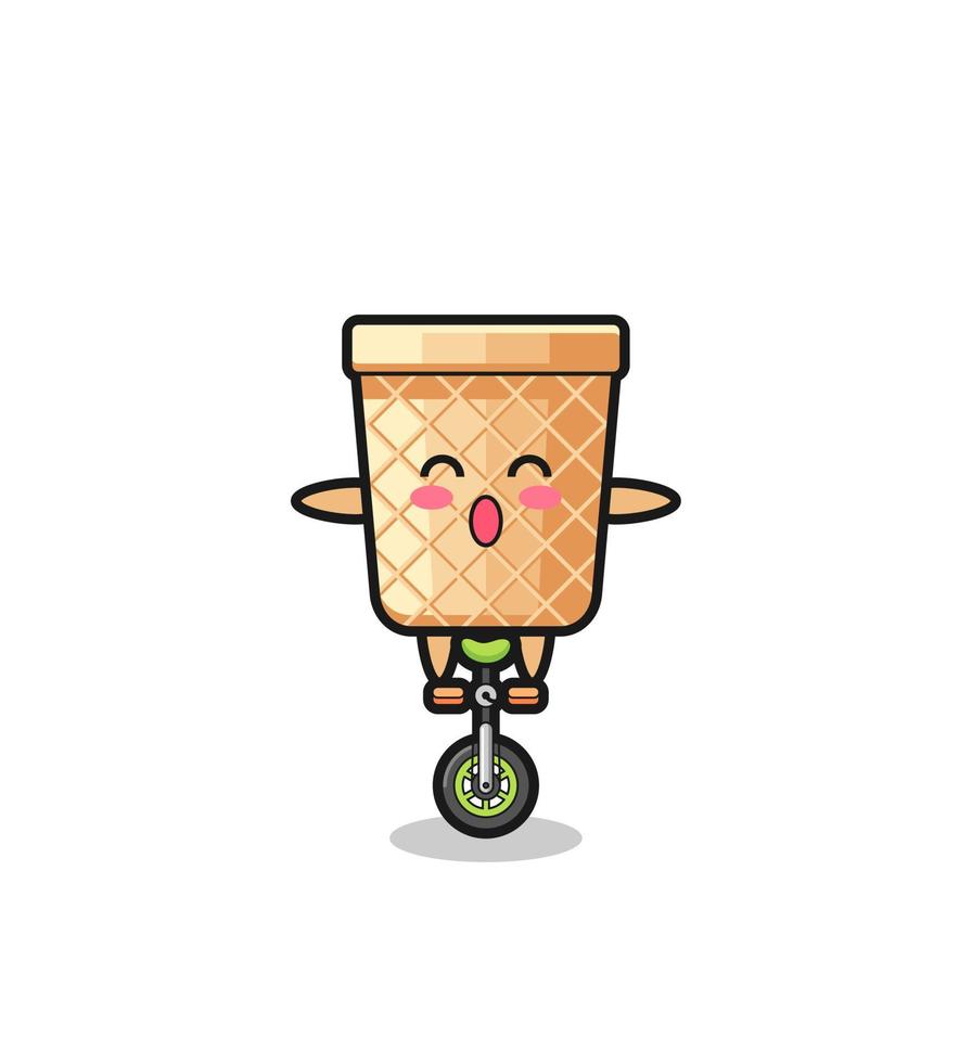 il simpatico personaggio del cono di cialda sta guidando una bici da circo vettore