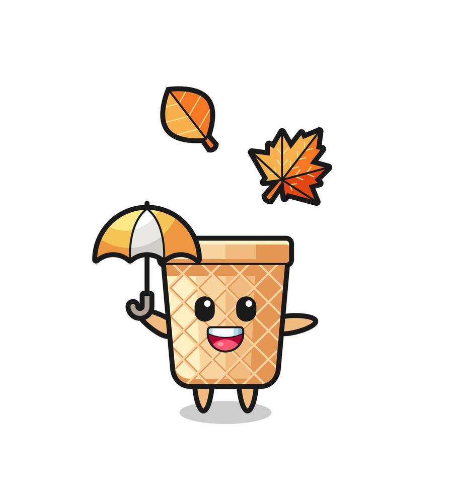 cartone animato del simpatico cono di cialda che tiene un ombrello in autunno vettore