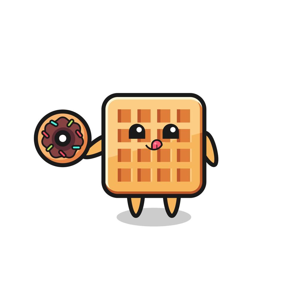 illustrazione di un personaggio waffle che mangia una ciambella vettore