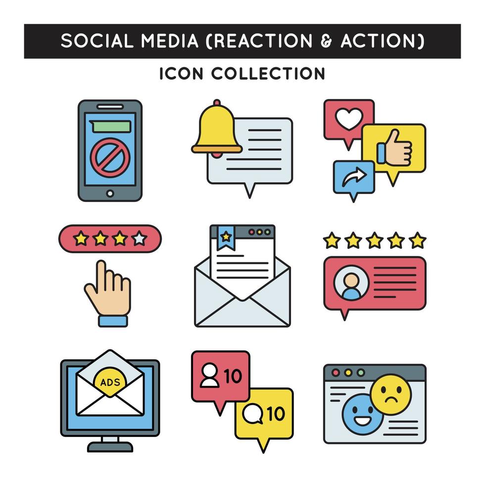 reazioni colorate sui social media e icone di azione vettore