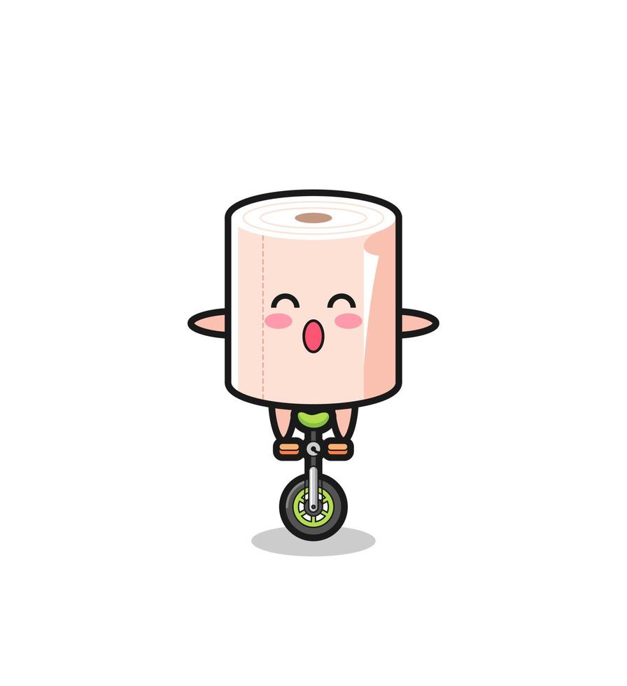 il simpatico personaggio del rotolo di tessuto sta guidando una bici da circo vettore