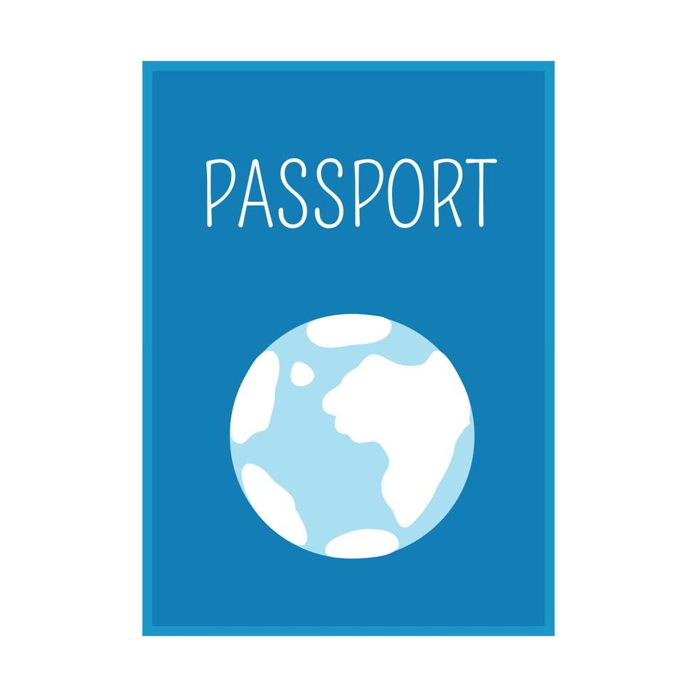 un passaporto blu con un globo sulla copertina. un elemento di design per vacanze, estate, spiaggia, vacanze. illustrazione vettoriale a colori piatti. Isolato su uno sfondo bianco.