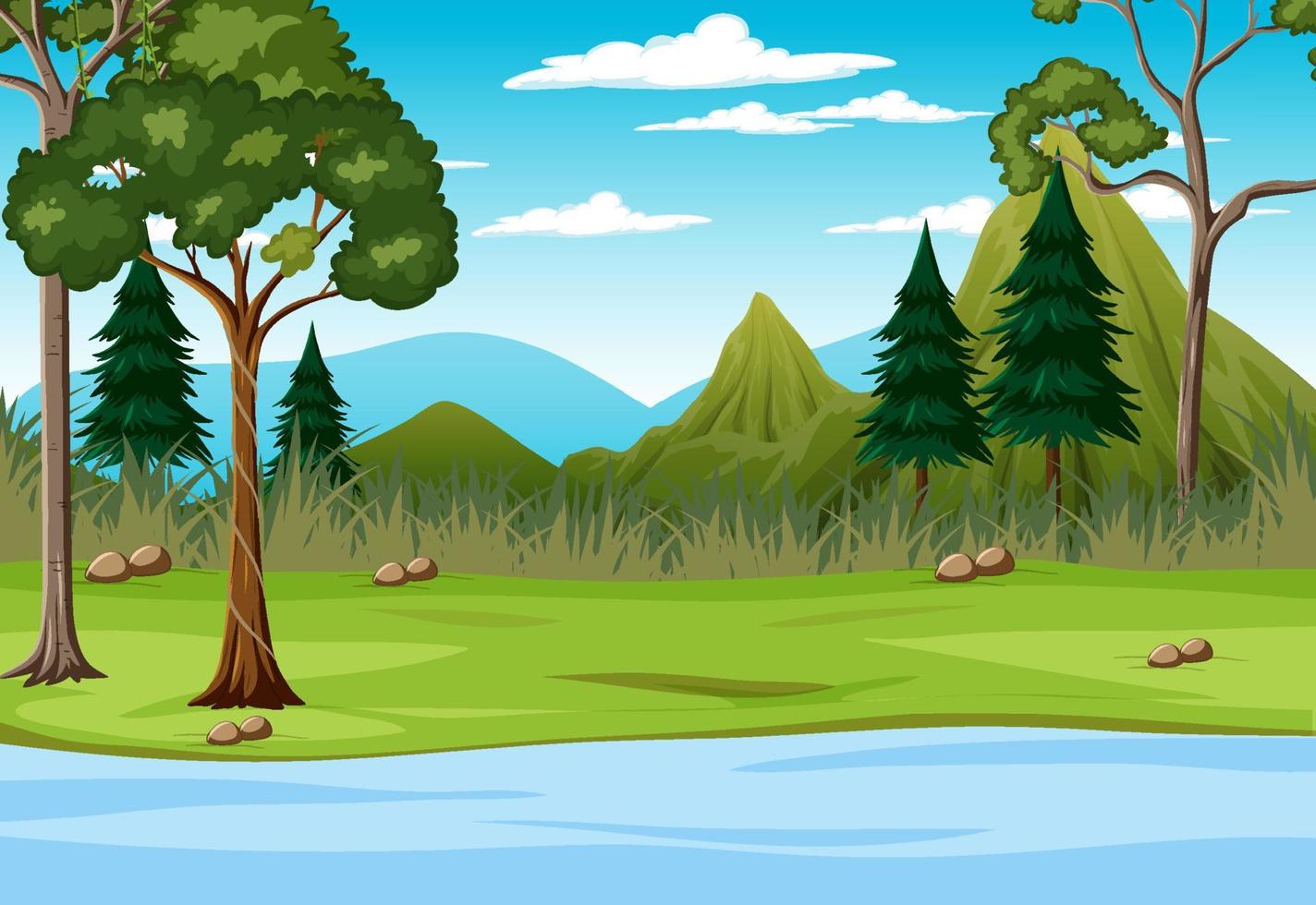 scena con alberi e fiume nel campo vettore