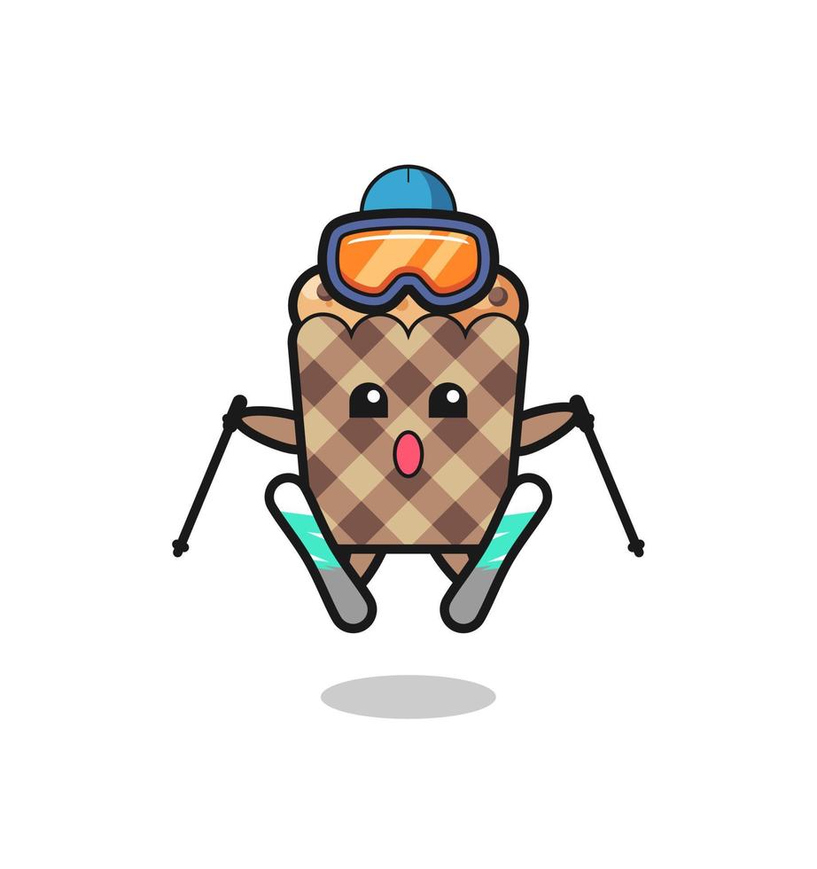 personaggio mascotte muffin come giocatore di sci vettore