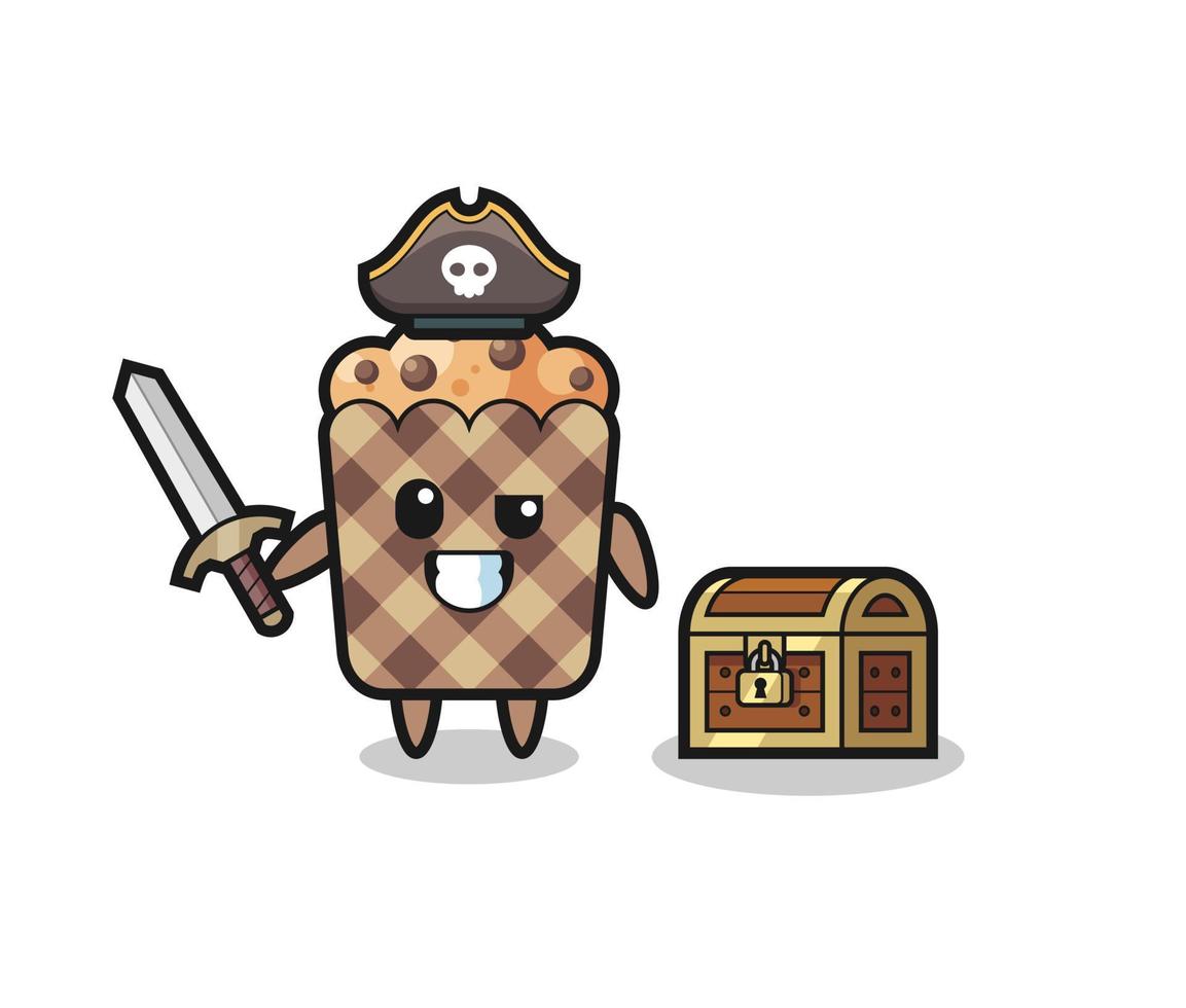 il personaggio dei pirati dei muffin che tiene la spada accanto a una scatola del tesoro vettore