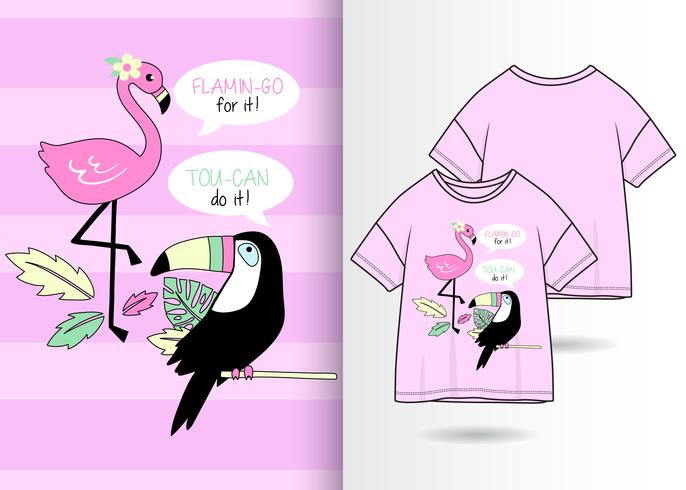 Toucan Flamingo disegnato a mano T Shirt Design vettore