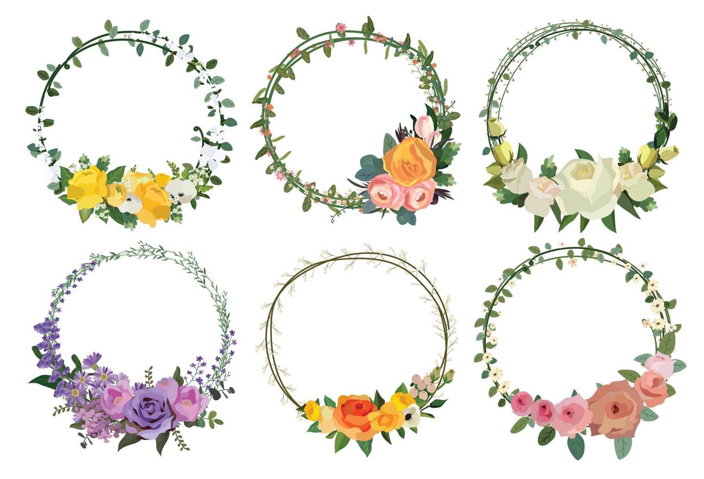 set di bella corona di fiori, set di cornici floreali. illustrazione vettoriale. vettore