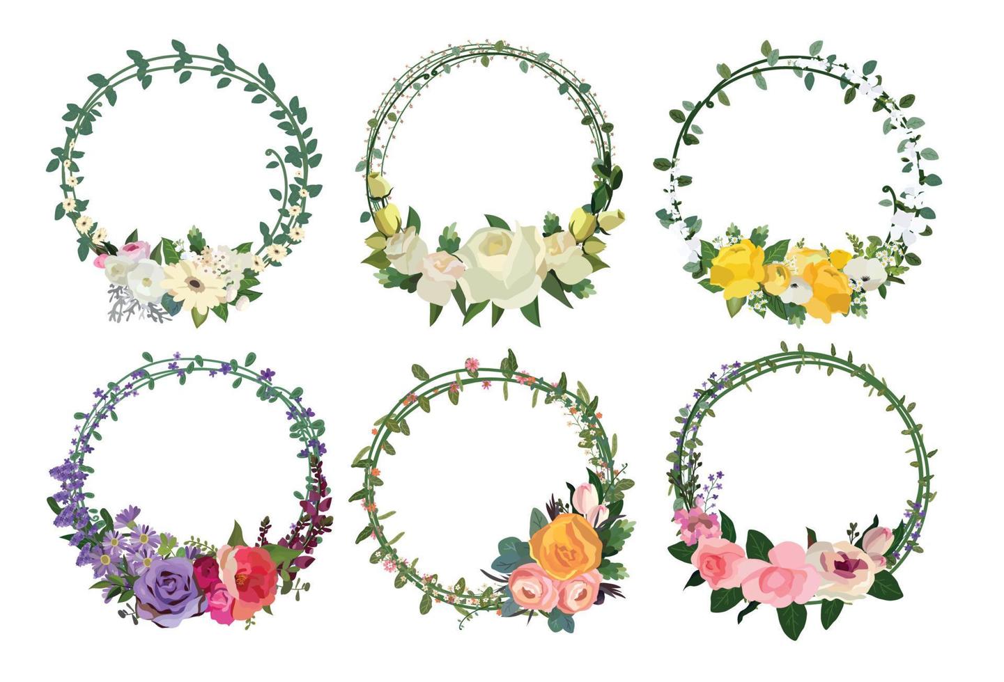 set di bella corona di fiori, set di cornici floreali. illustrazione vettoriale. vettore
