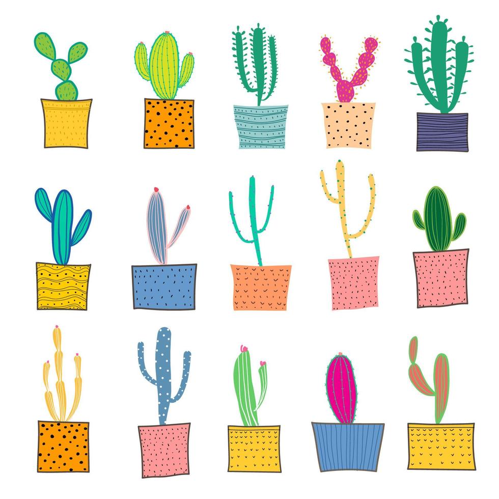 cactus disegnato a mano nei vasi. illustrazione vettoriale. vettore