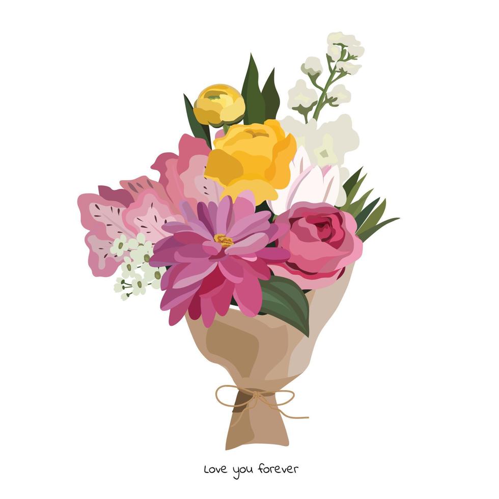 bellissimo bouquet con fiori da giardino. decorazione floreale per regalo. illustrazione vettoriale. vettore