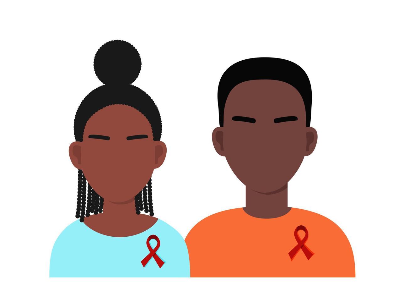 giovane uomo e donna di colore con nastro rosso. simbolo della solidarietà con i sieropositivi e della convivenza con l'aids. campagna di sensibilizzazione vettore