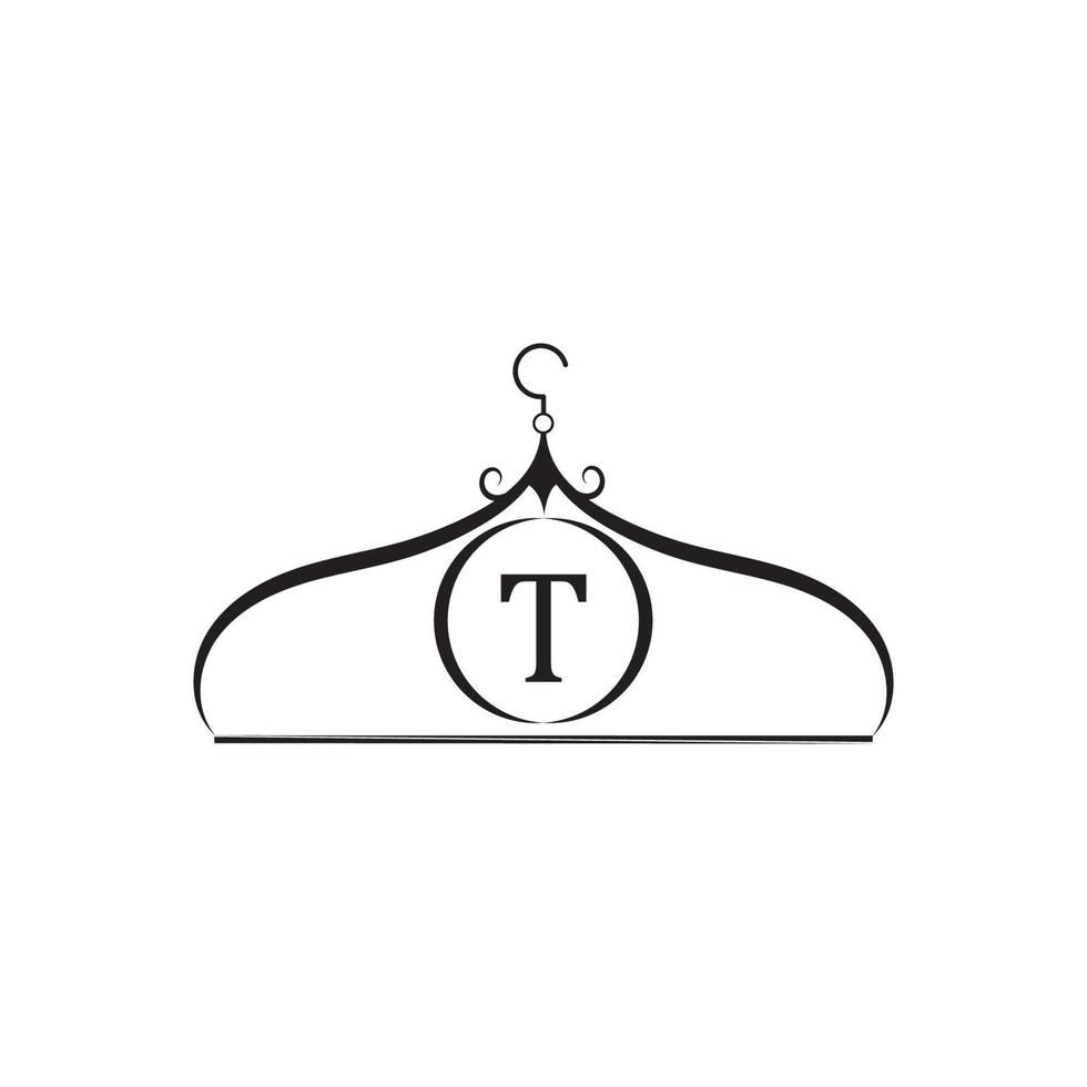 logo vettoriale di moda. logo appendiabiti. logo della lettera t. emblema del sarto. icona del guardaroba - disegno vettoriale