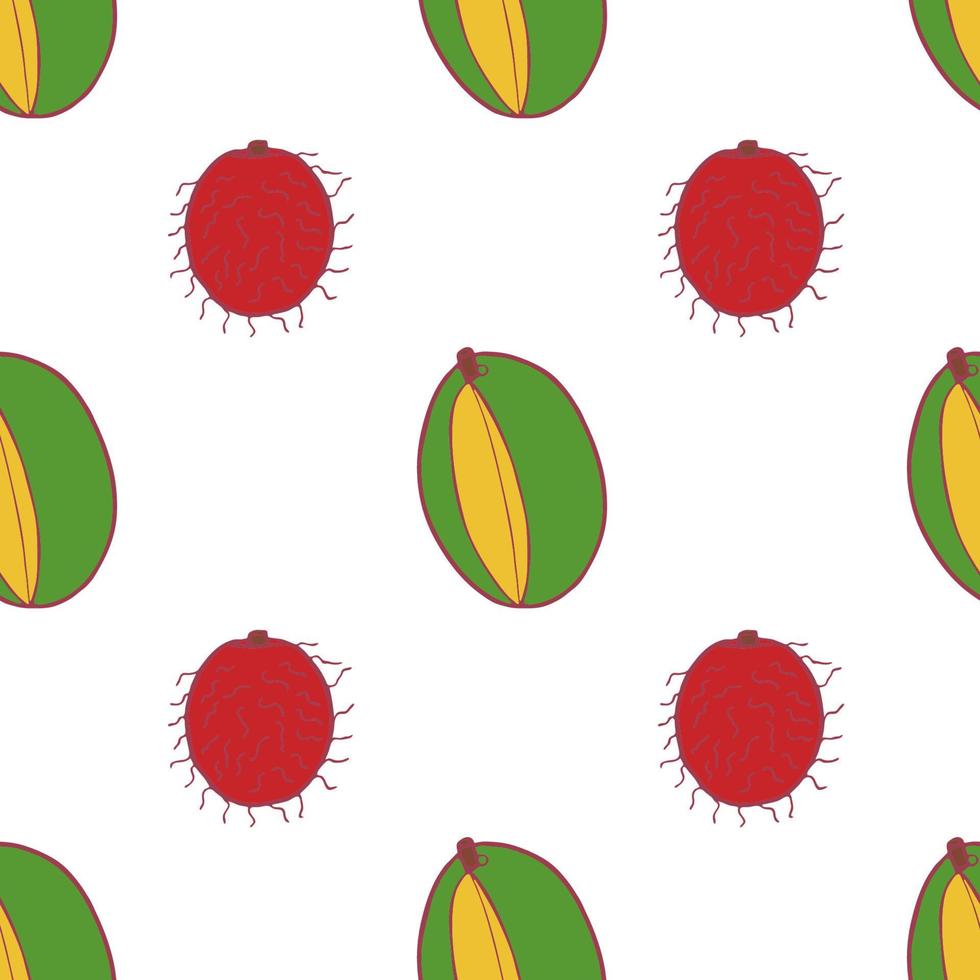 modello senza cuciture di frutta mango e rambutan, ottimo design per qualsiasi scopo. modello di struttura del tessuto disegnato a mano. sfondo di cibo sano. grafica estiva in stile piatto vettoriale. su sfondo bianco. vettore