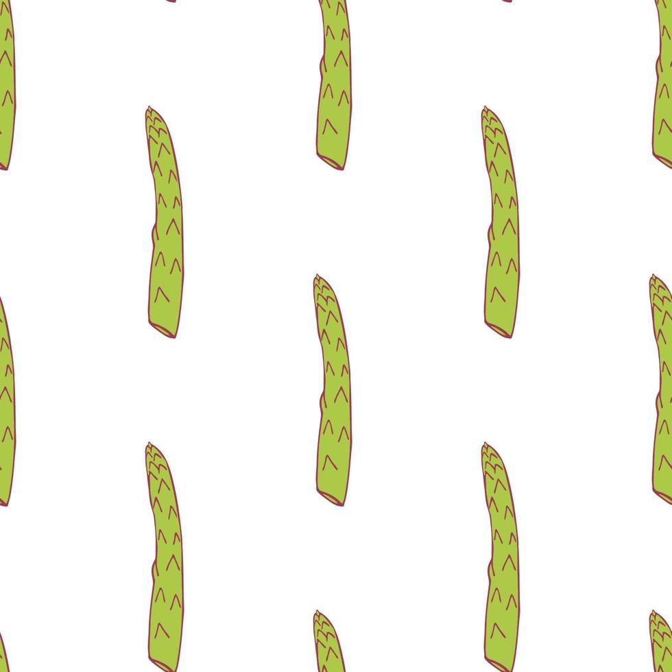 modello senza cuciture di asparagi per il design della carta da parati. cibo fresco e maturo di colore. ortaggio sano biologico. cibo crudo, vegano, vegetariano. modello cartone animato su sfondo bianco. disegno di doodle di vettore. vettore