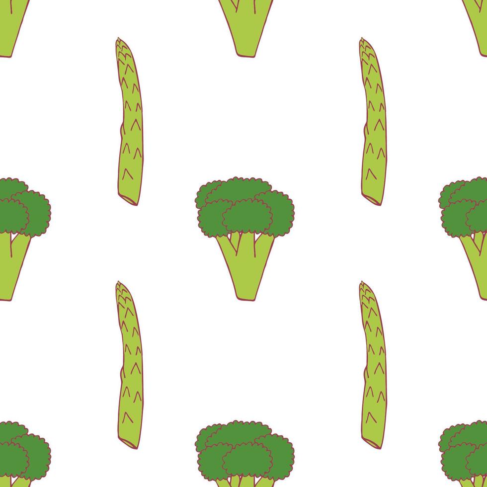 modello senza cuciture di broccoli e asparagi per il design della carta da parati. cibo fresco e maturo di colore. ortaggio sano biologico. cibo crudo, vegano, vegetariano. modello cartone animato su sfondo bianco. disegno di doodle di vettore. vettore