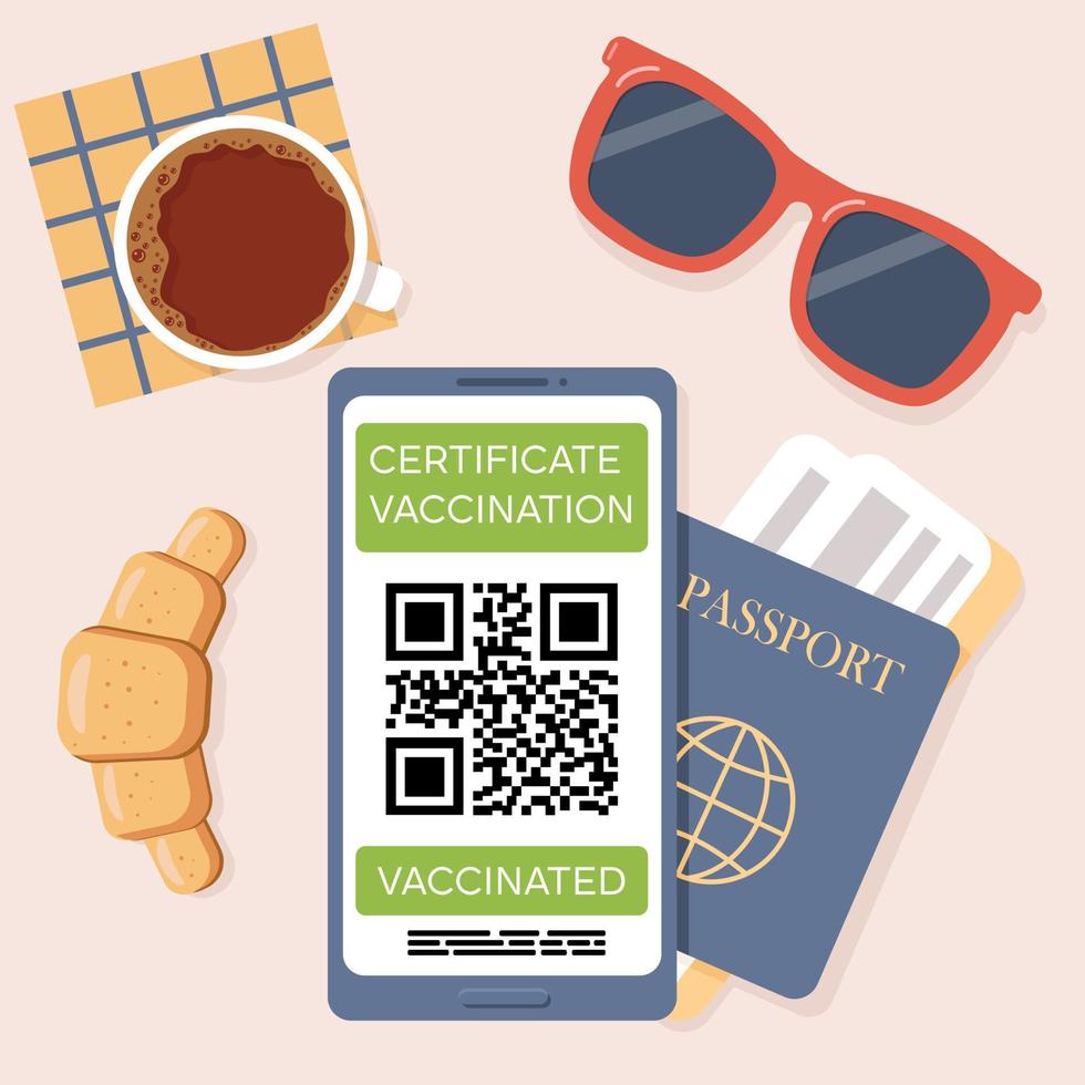 certificato di vaccinazione contro il coronavirus covid-19 con codice qr sullo schermo dello smartphone. vista dall'alto del tavolo nella caffetteria dell'aeroporto. passaporto con biglietto, occhiali da sole, tazza di caffè, croissant vettore