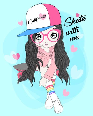 Ragazza carina disegnata a mano che si siede sullo skateboard con tipografia vettore