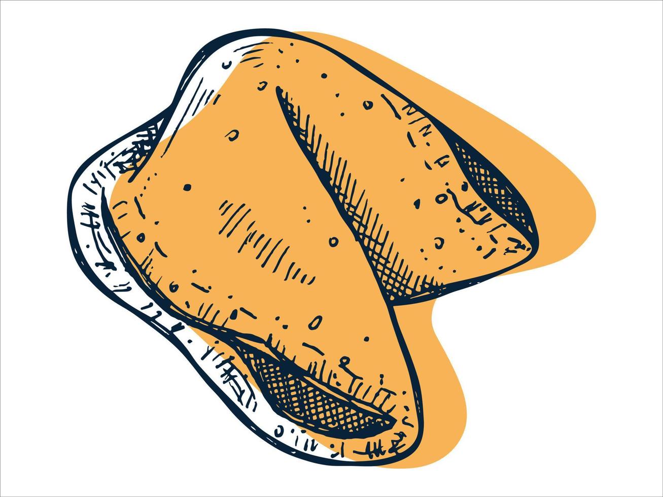 biscotti della fortuna cinesi disegnati a mano di vettore isolati su sfondi bianchi. illustrazione del cibo. biscotto croccante con un pezzo di carta bianco all'interno. per stampa, web, design, arredamento, logo.