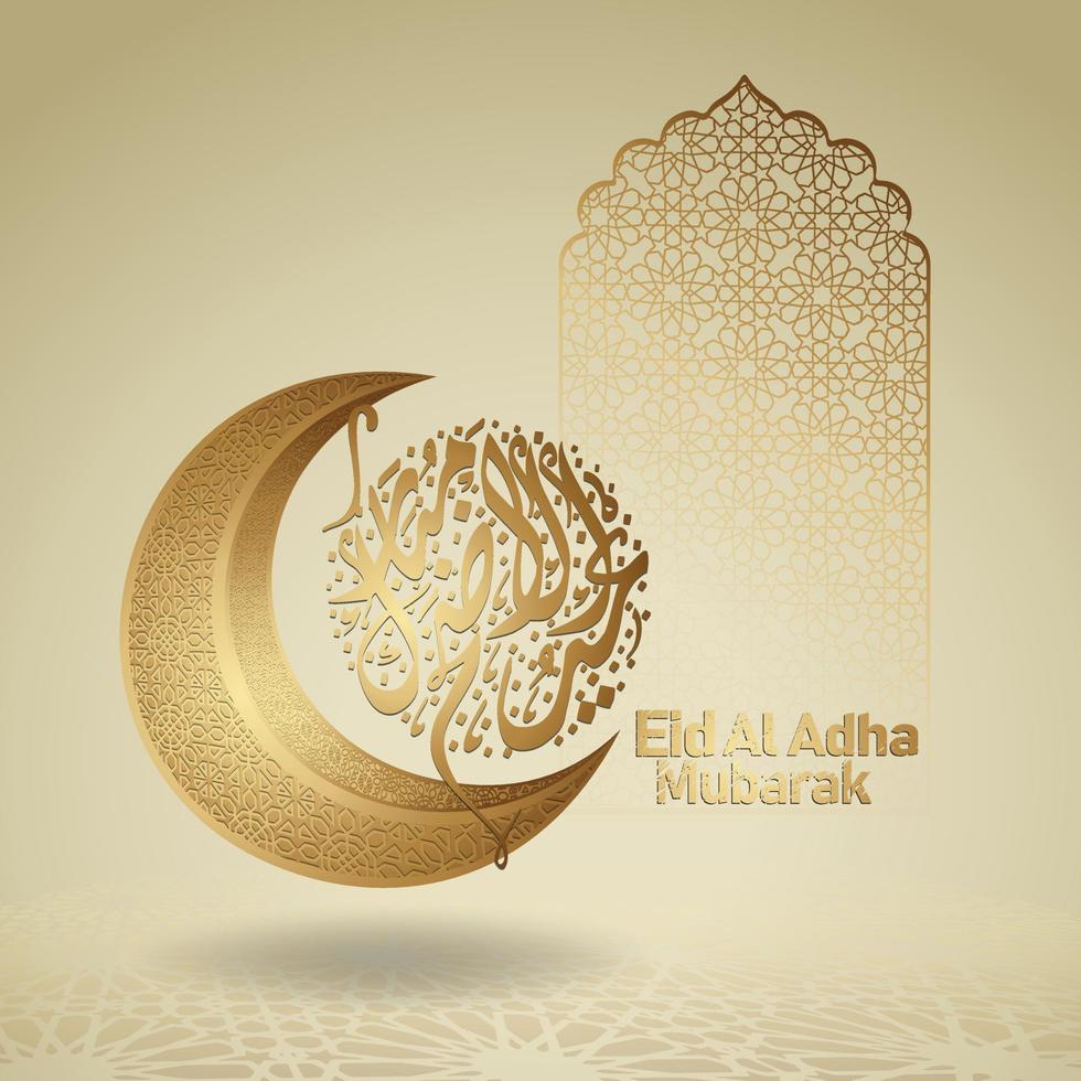 eid al adha mubarak design islamico con luna crescente e calligrafia araba, modello di biglietto di auguri ornato islamico vettore